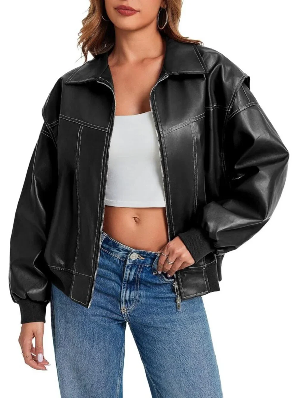 Women's Black Oversized Faux Leather Bomber Jacket Motorcycle ZIP Up Coat